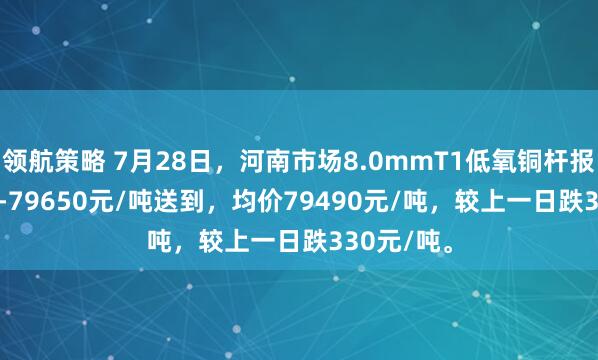 领航策略 7月28日，河南市场8.0mmT1低氧铜杆报价79330-79650元/吨送到，均价79490元/吨，较上一日跌330元/吨。